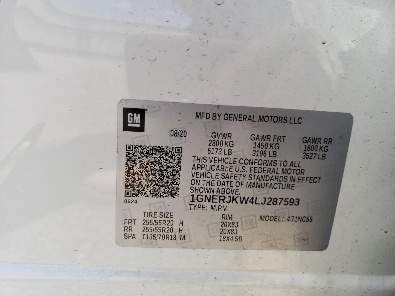 1GNERJKW4LJ287593 2020 Chevrolet Traverse Rs