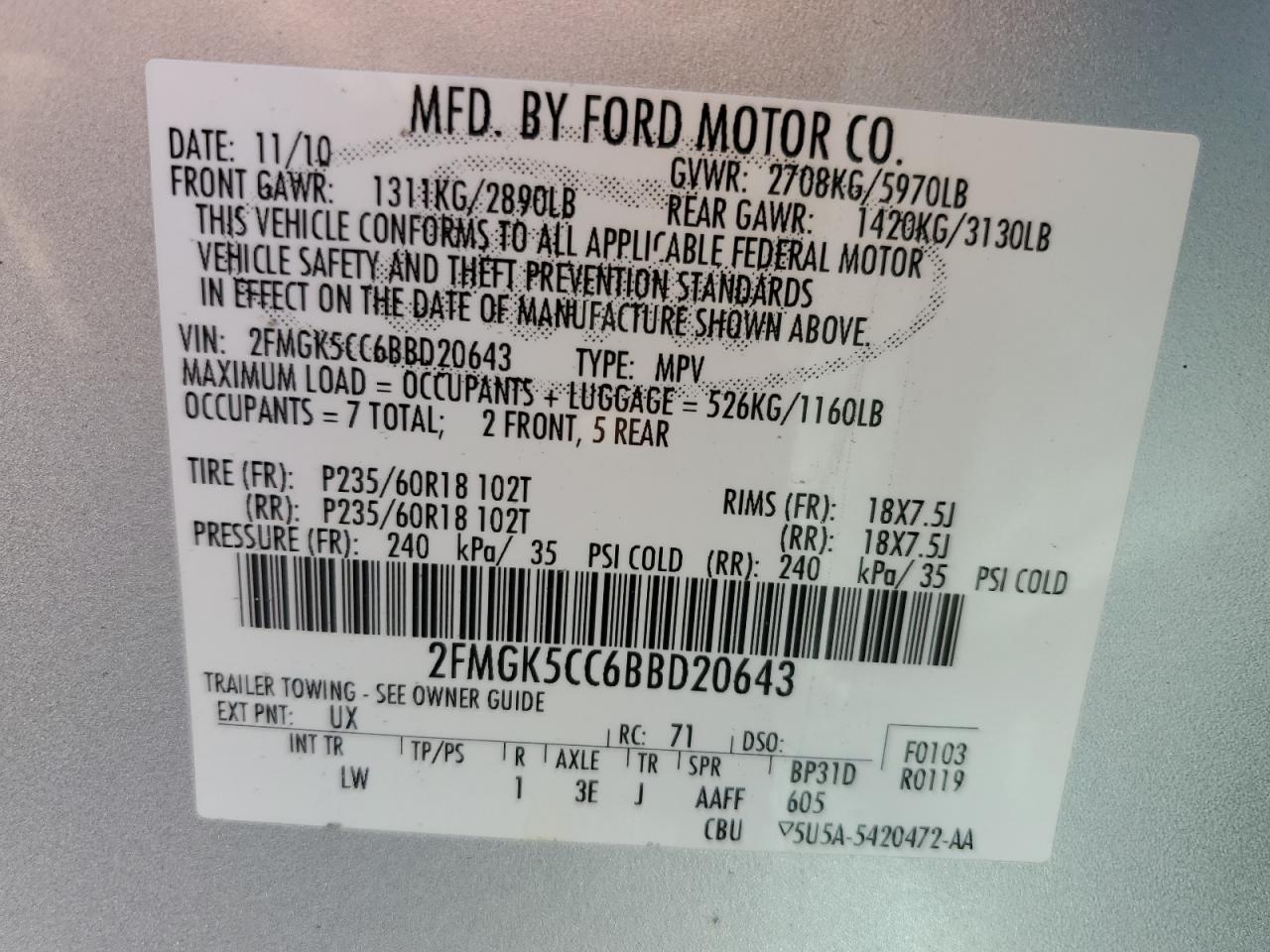 2FMGK5CC6BBD20643 2011 Ford Flex Sel