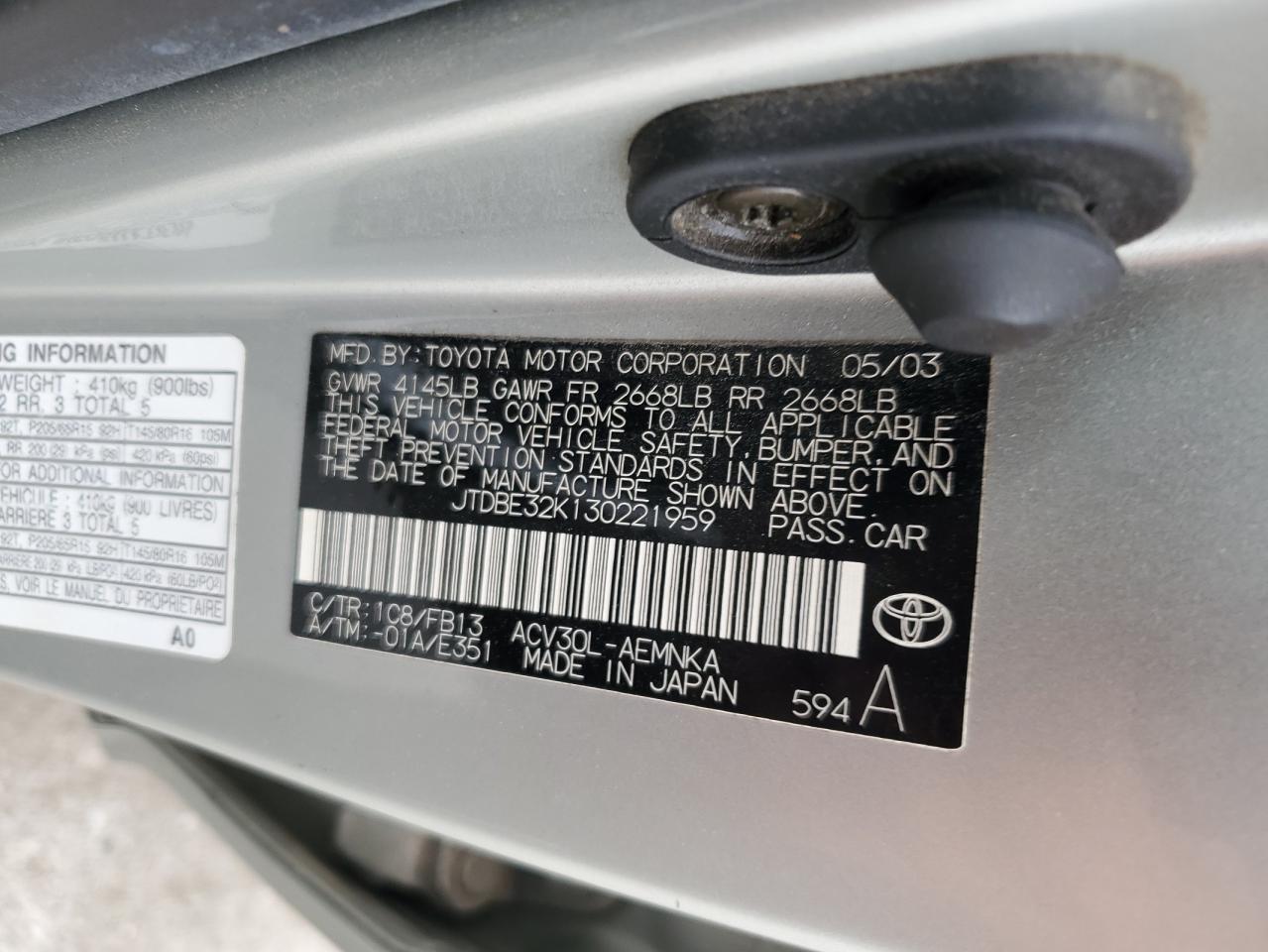 JTDBE32K130221959 2003 Toyota Camry Le