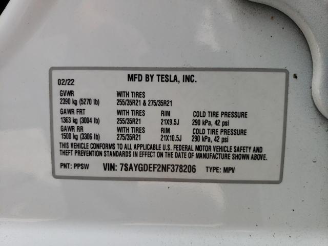 VIN 7SAYGDEF2NF378206 2022 Tesla MODEL Y no.12