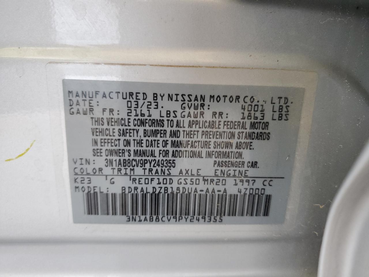 3N1AB8CV9PY249355 2023 Nissan Sentra Sv