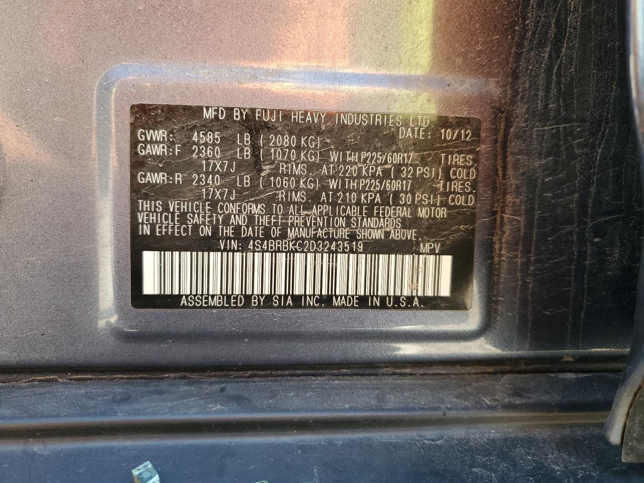 4S4BRBKC2D3243519 2013 Subaru Outback 2.5I Limited