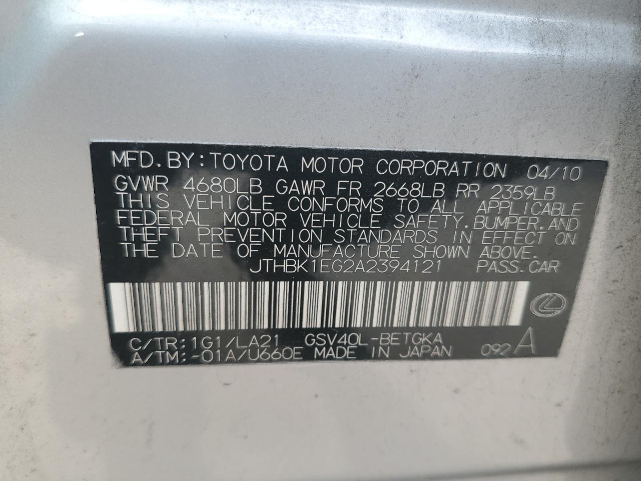 JTHBK1EG2A2394121 2010 Lexus Es 350