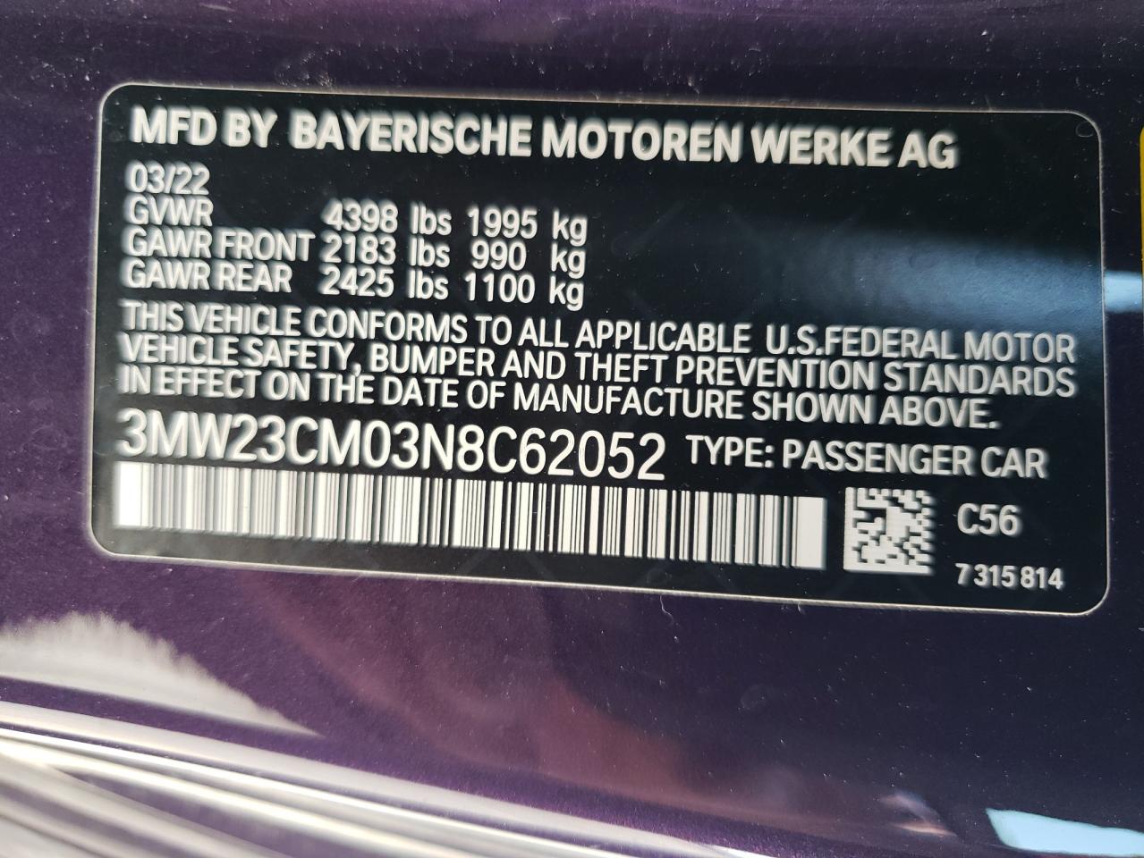 3MW23CM03N8C62052 2022 BMW 230I