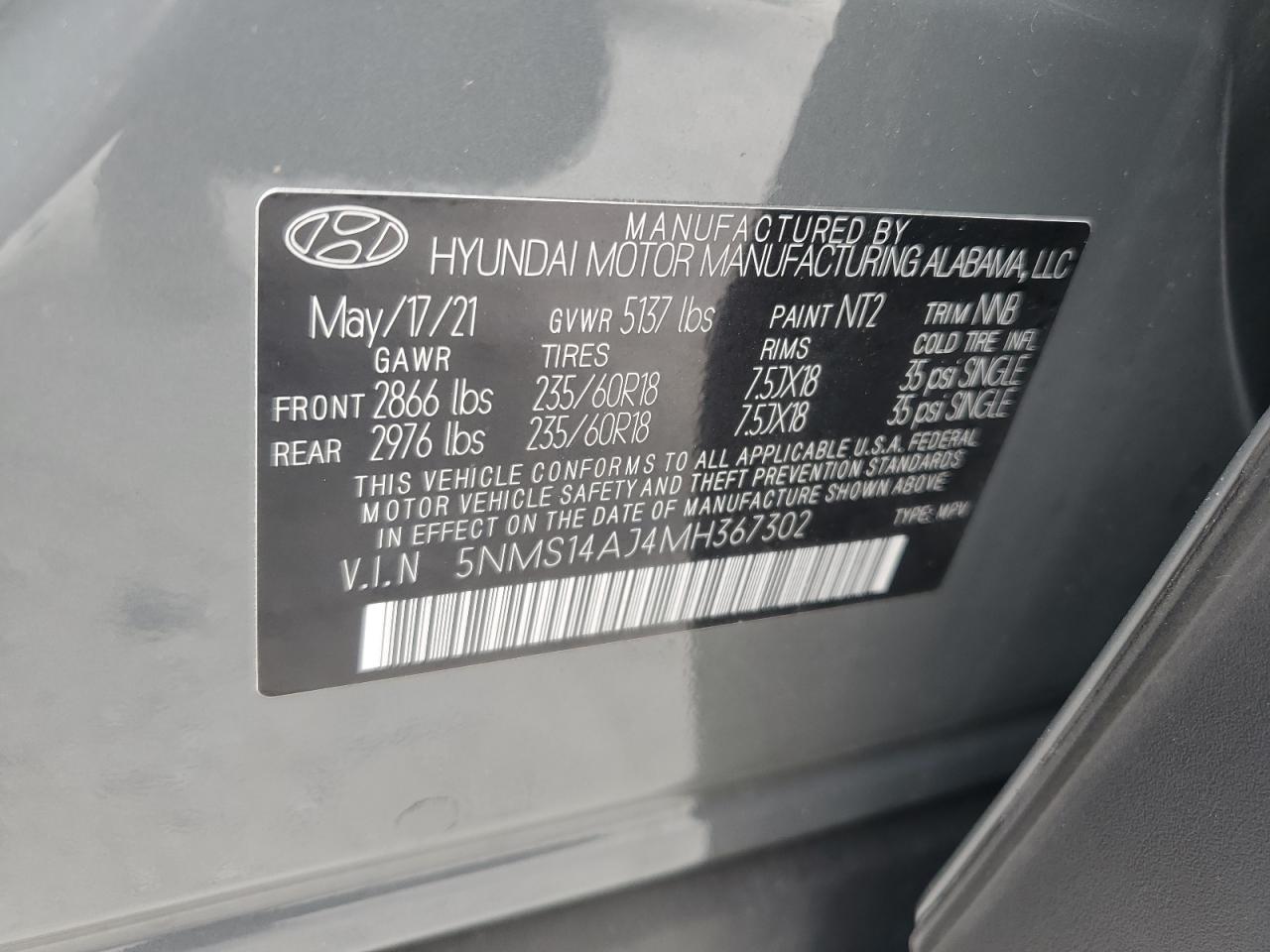 5NMS14AJ4MH367302 2021 Hyundai Santa Fe Se