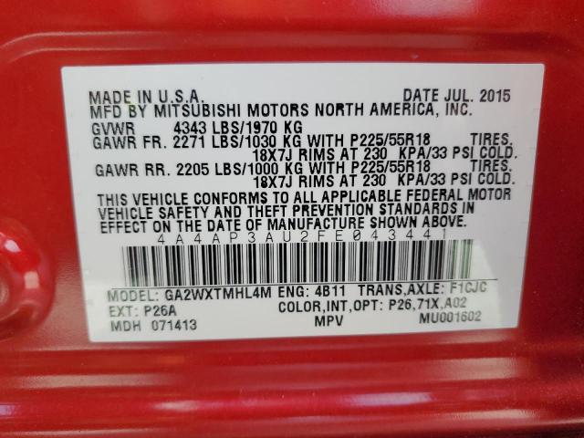 2015 MITSUBISHI OUTLANDER - 4A4AP3AU2FE043441
