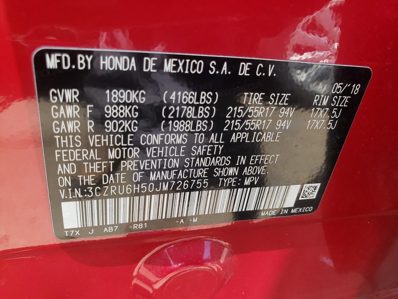 3CZRU6H50JM726755 2018 Honda Hr-V Ex