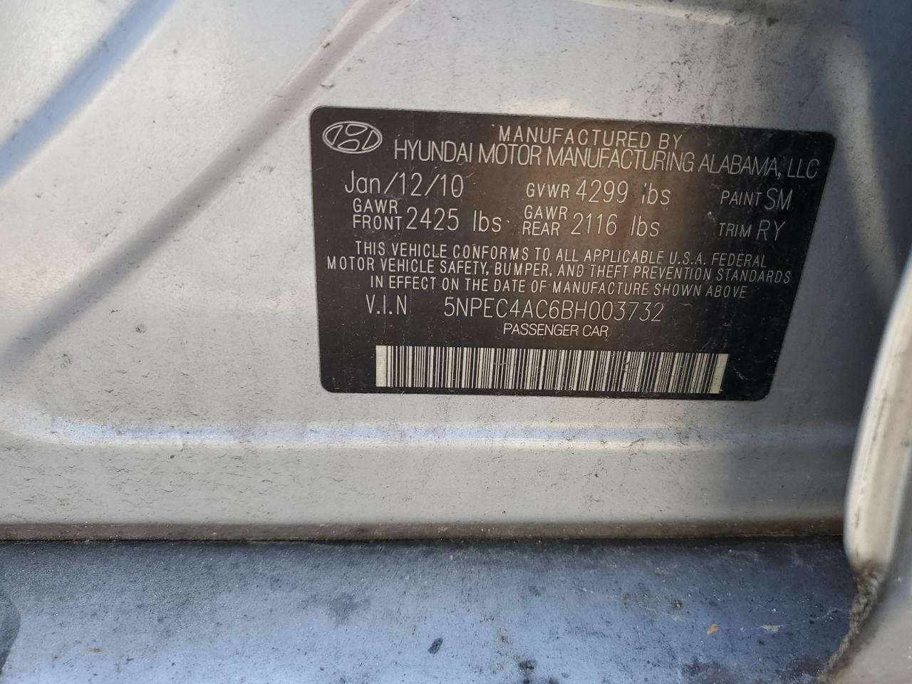 5NPEC4AC6BH003732 2011 Hyundai Sonata Se