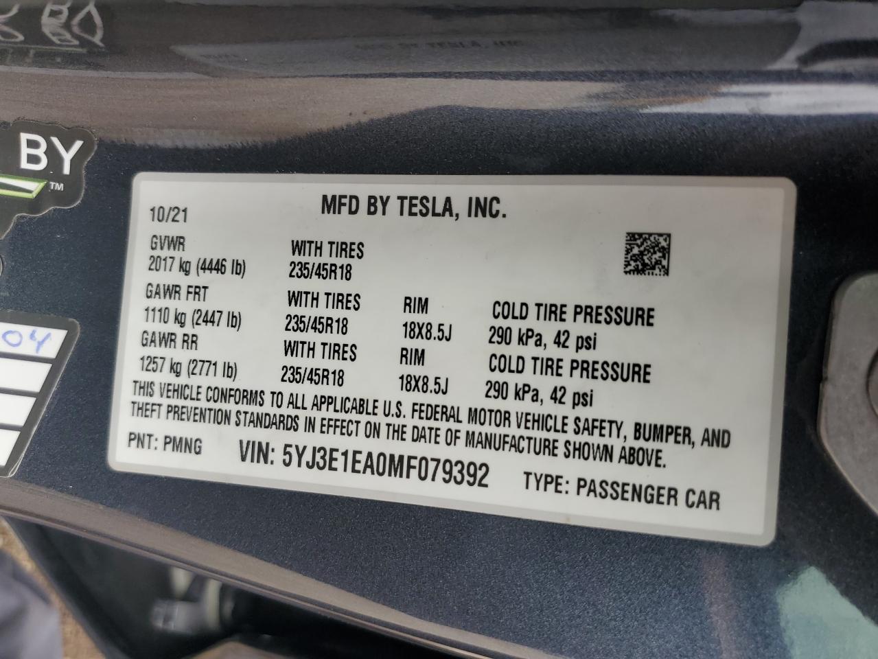 5YJ3E1EA0MF079392 2021 Tesla Model 3