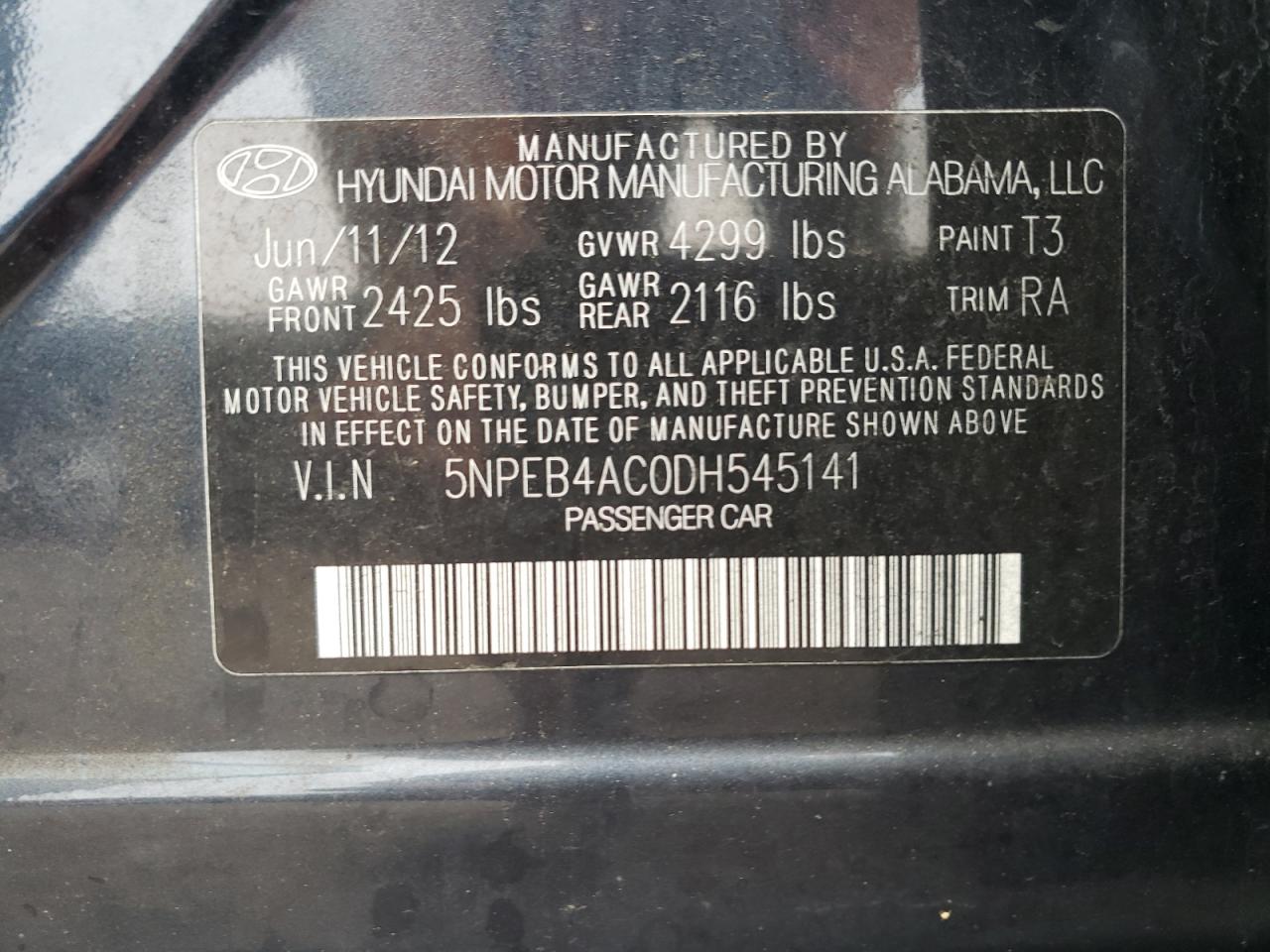 5NPEB4AC0DH545141 2013 Hyundai Sonata Gls