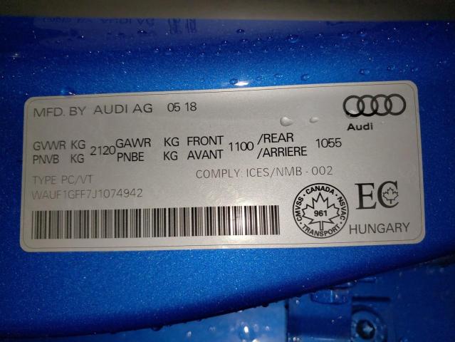 2018 AUDI S3 PRESTIG - WAUF1GFF7J1074942