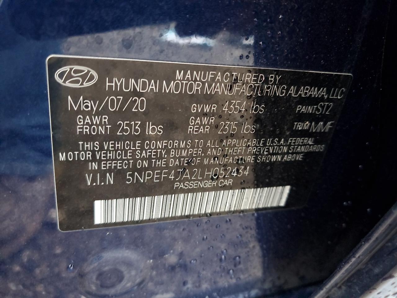 5NPEF4JA2LH052434 2020 Hyundai Sonata Sel