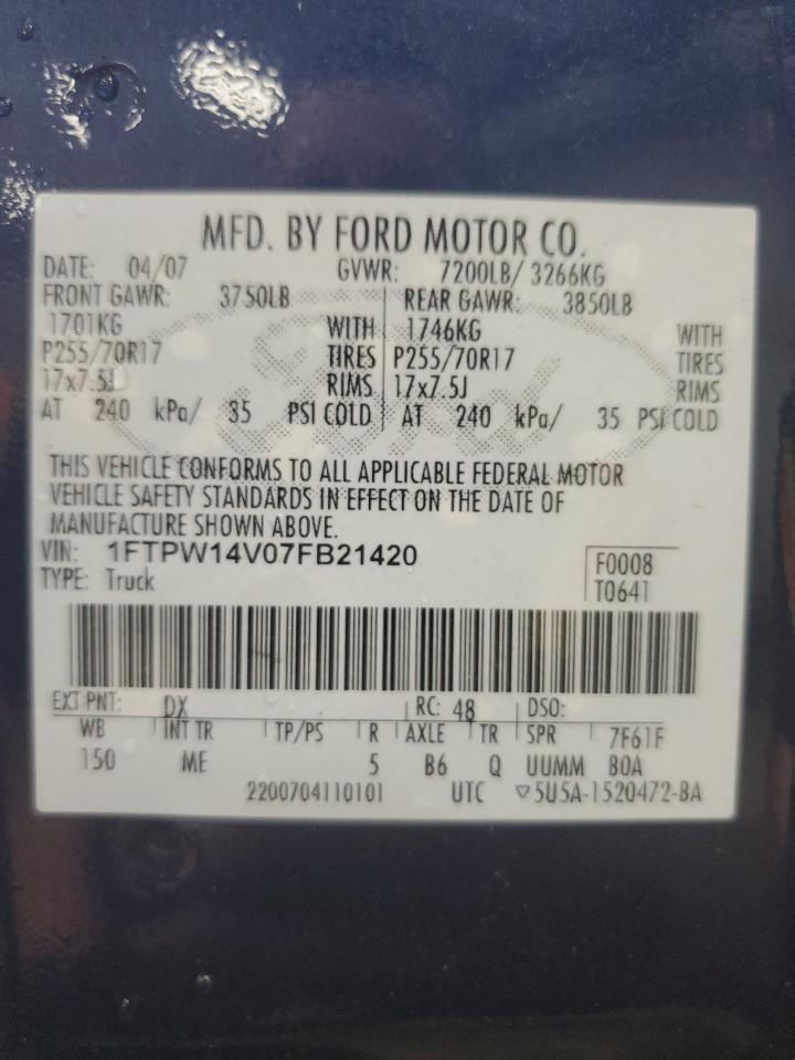 1FTPW14V07FB21420 2007 Ford F150 Supercrew