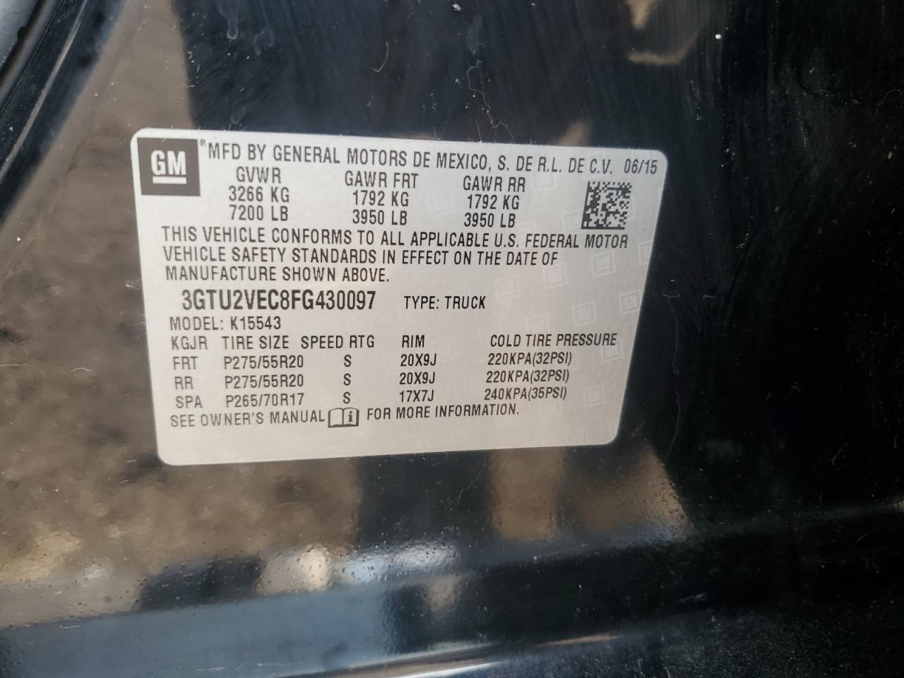 3GTU2VEC8FG430097 2015 GMC Sierra K1500 Slt