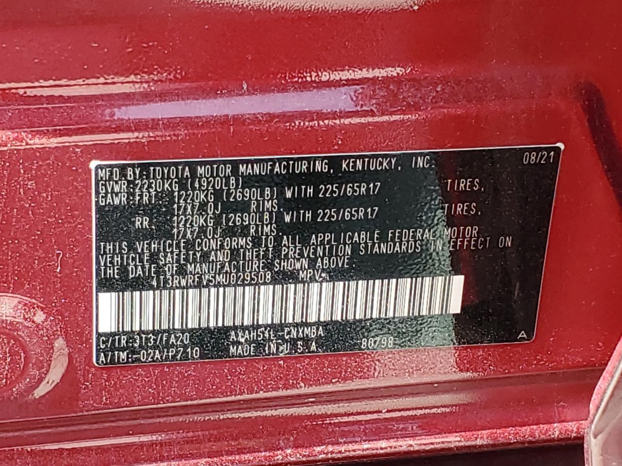 4T3RWRFV5MU029508 2021 Toyota Rav4 Xle