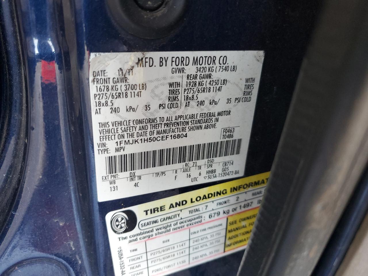 1FMJK1H50CEF16804 2012 Ford Expedition El Xlt