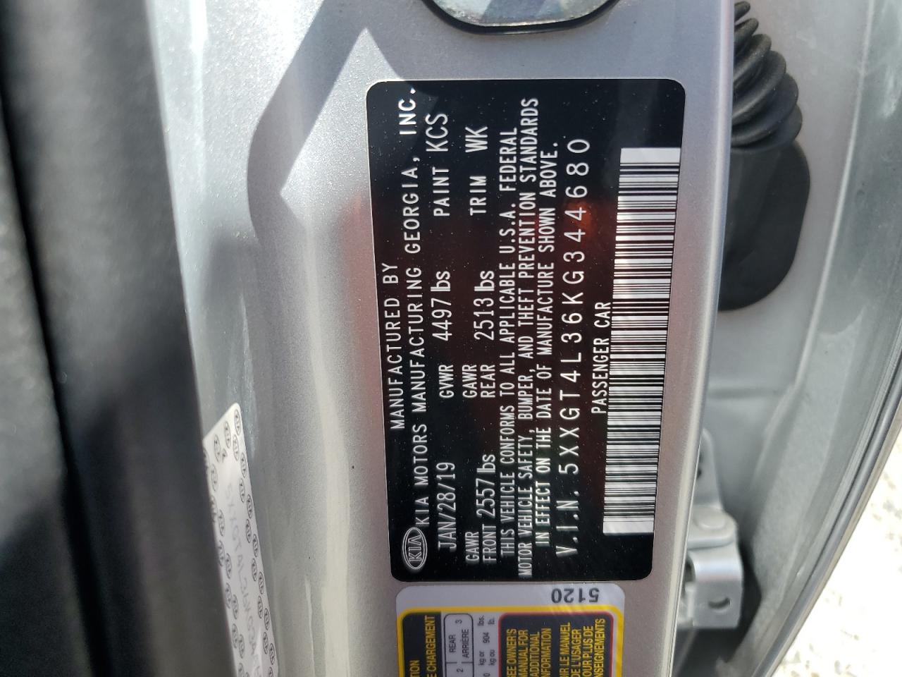 5XXGT4L36KG344680 2019 Kia Optima Lx