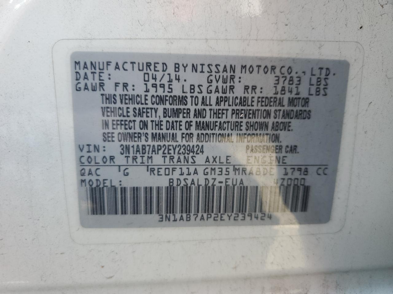 3N1AB7AP2EY239424 2014 Nissan Sentra S