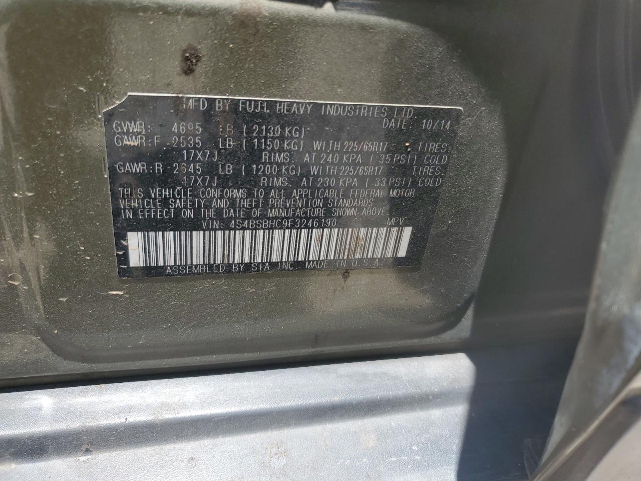 4S4BSBHC9F3246190 2015 Subaru Outback 2.5I Premium