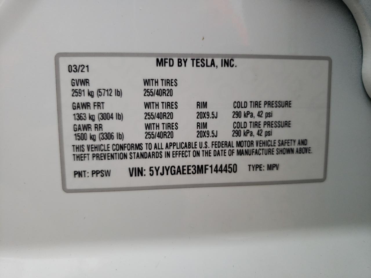 5YJYGAEE3MF144450 2021 Tesla Model Y