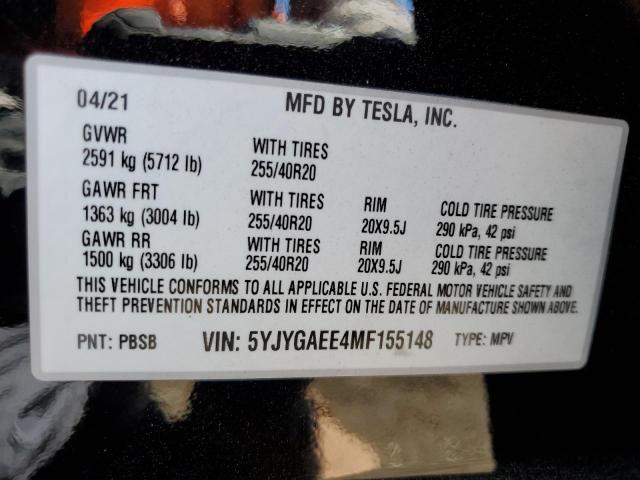 2021 Tesla Model Y VIN: 5YJYGAEE4MF155148 Lot: 61529254