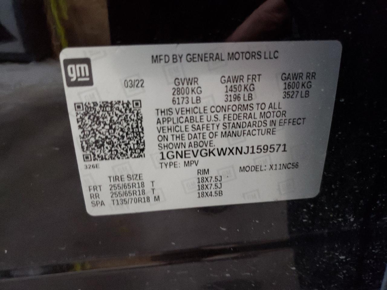 1GNEVGKWXNJ159571 2022 Chevrolet Traverse Lt