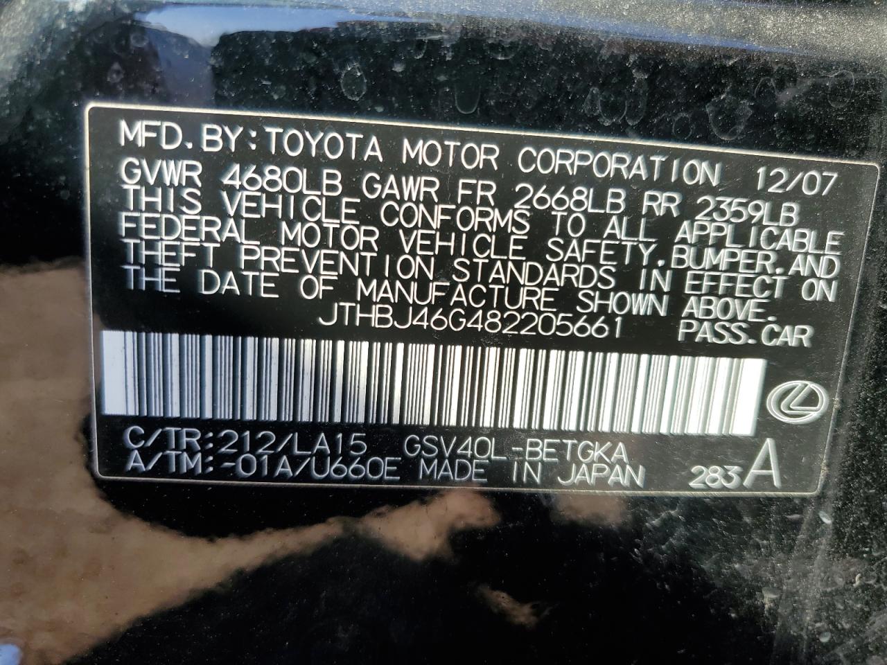 JTHBJ46G482205661 2008 Lexus Es 350