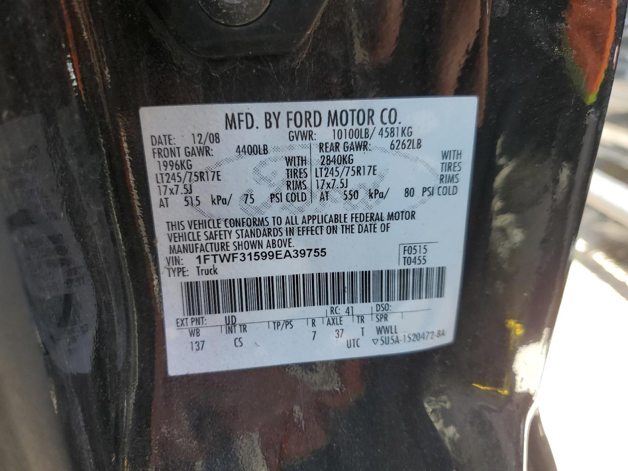 1FTWF31599EA39755 2009 Ford F350 Super Duty