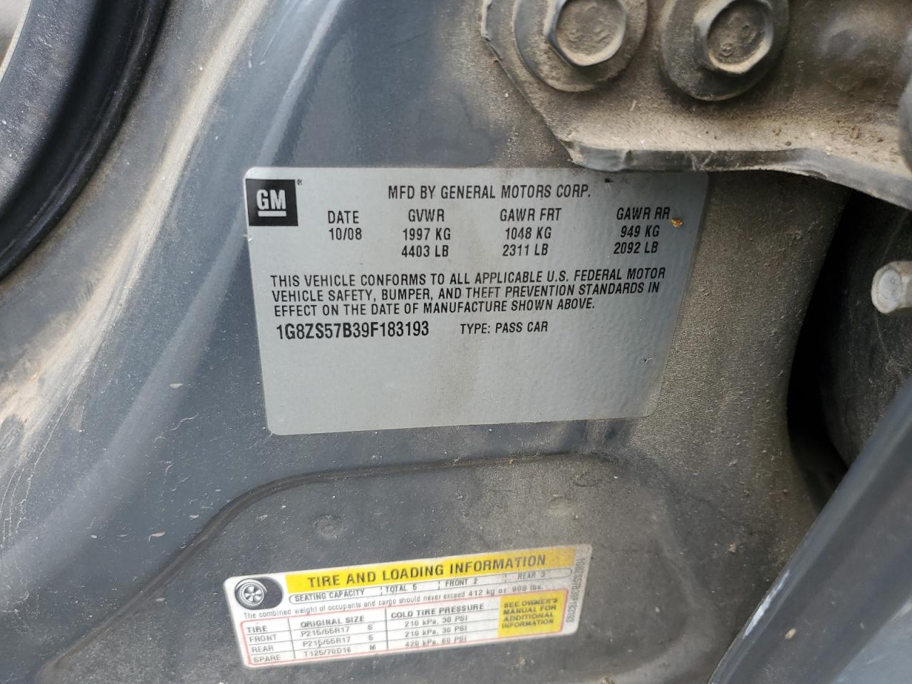 1G8ZS57B39F183193 2009 Saturn Aura Xe