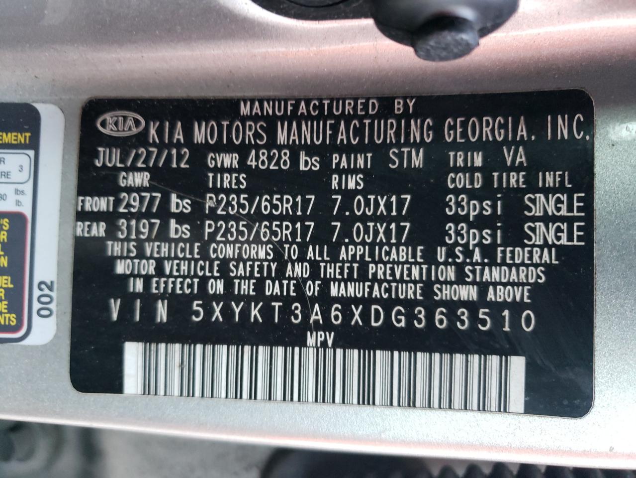 5XYKT3A6XDG363510 2013 Kia Sorento Lx