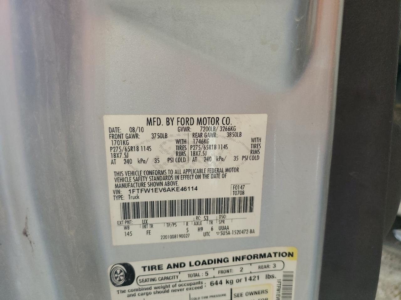 1FTFW1EV6AKE46114 2010 Ford F150 Supercrew