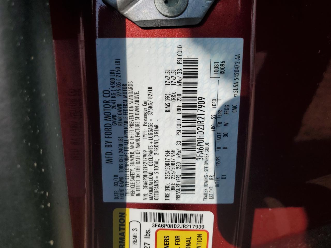 3FA6P0HD2JR217909 2018 Ford Fusion Se