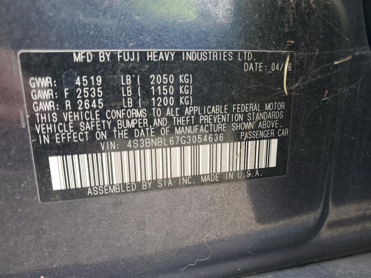 4S3BNBL67G3054636 2016 Subaru Legacy 2.5I Limited