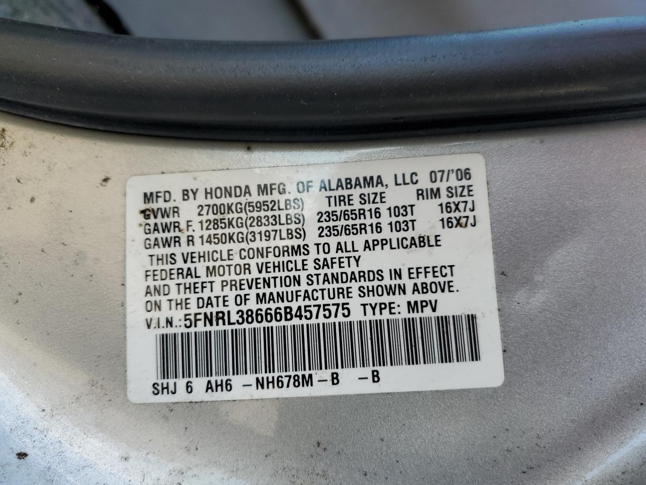 5FNRL38666B457575 2006 Honda Odyssey Exl