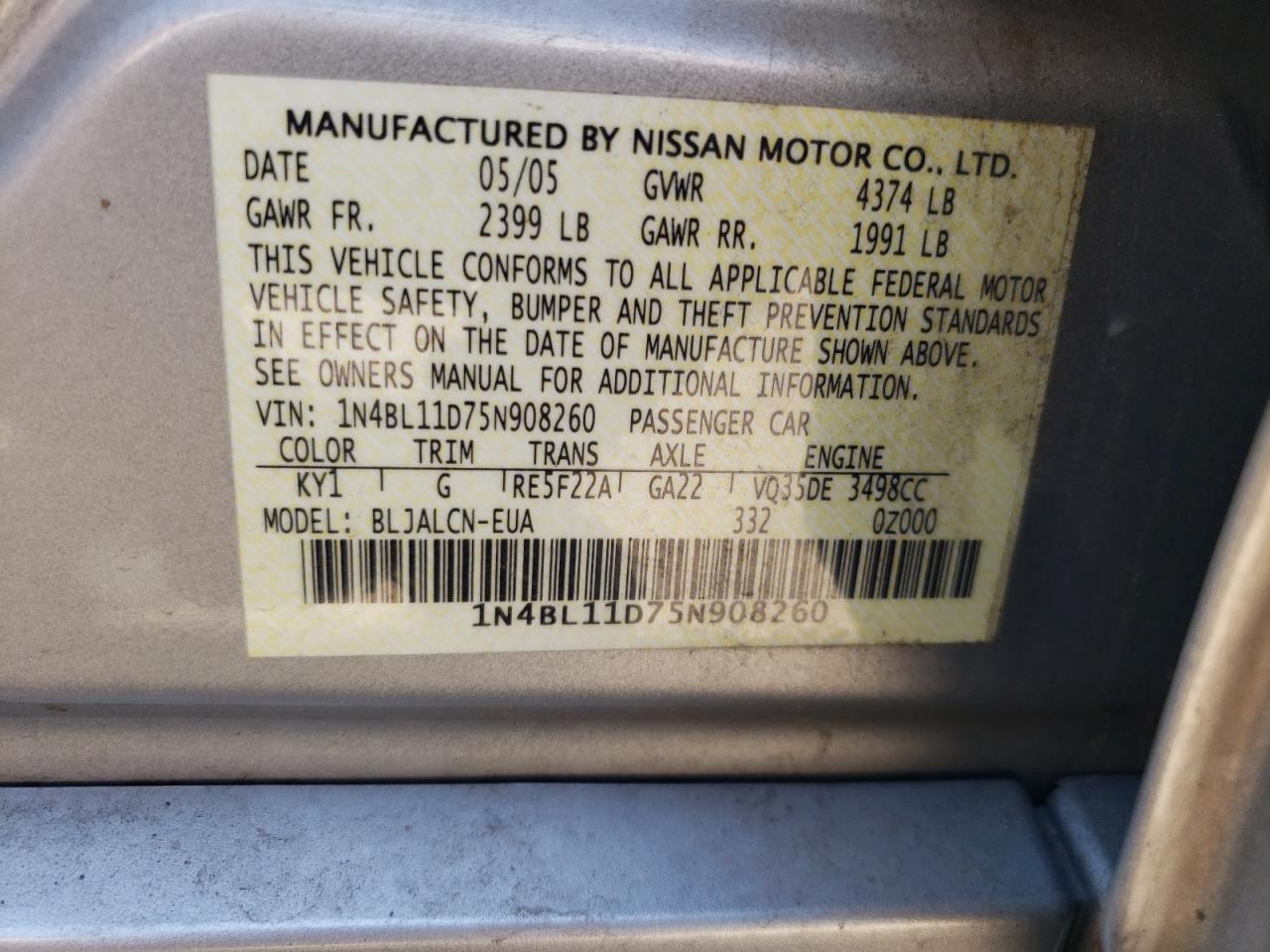 1N4BL11D75N908260 2005 Nissan Altima Se