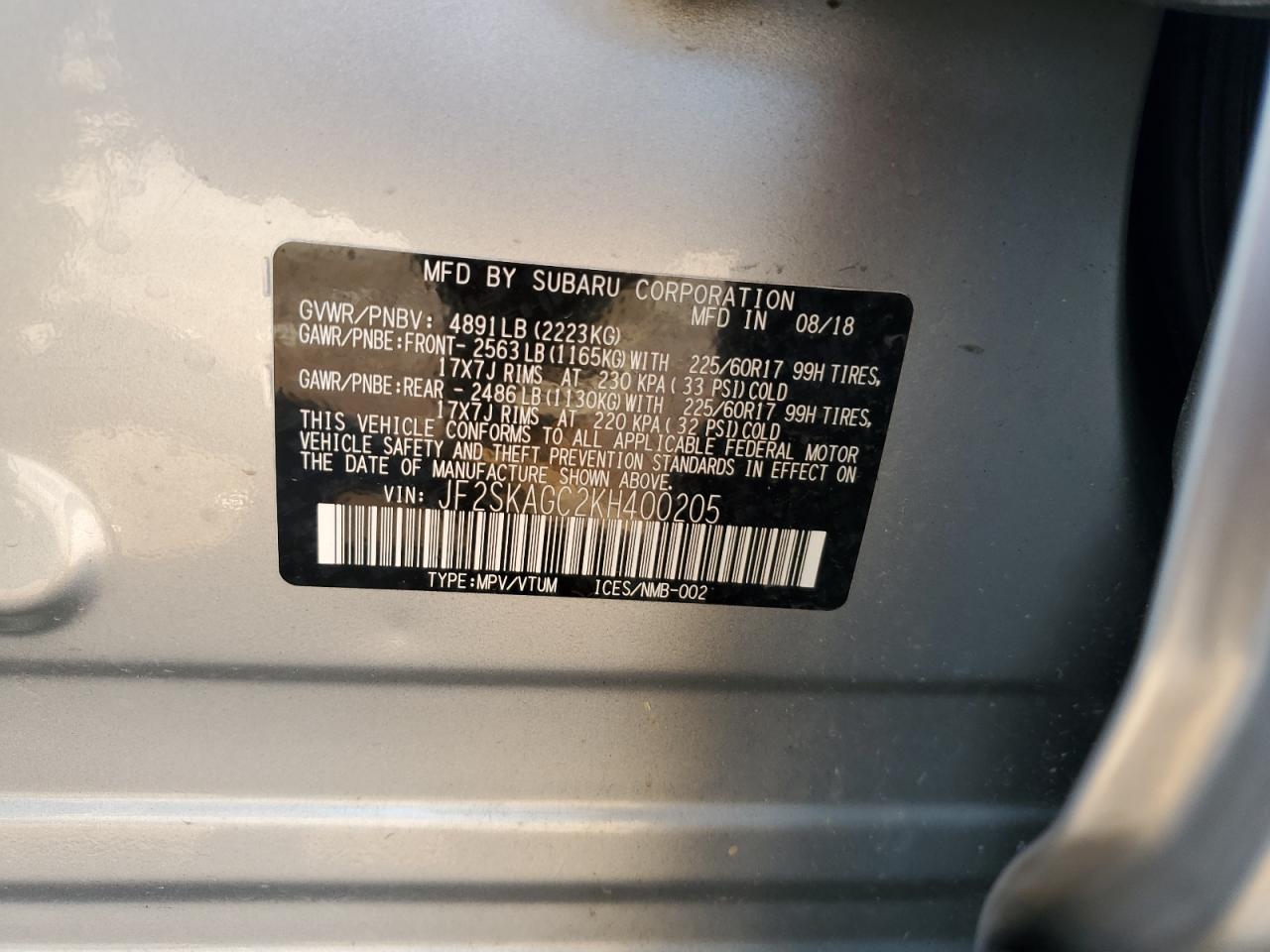 JF2SKAGC2KH400205 2019 Subaru Forester Premium