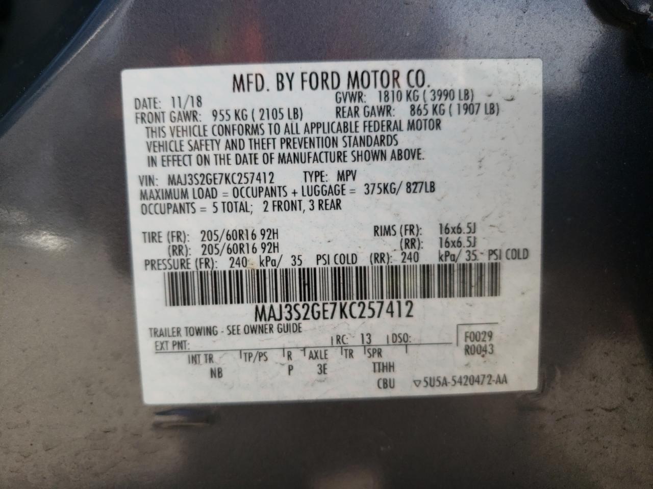 MAJ3S2GE7KC257412 2019 Ford Ecosport Se