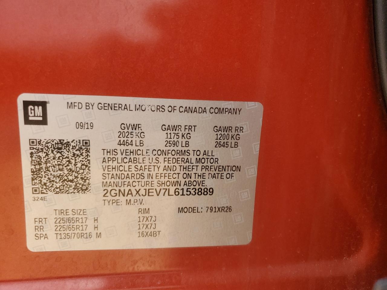 2GNAXJEV7L6153889 2020 Chevrolet Equinox Lt