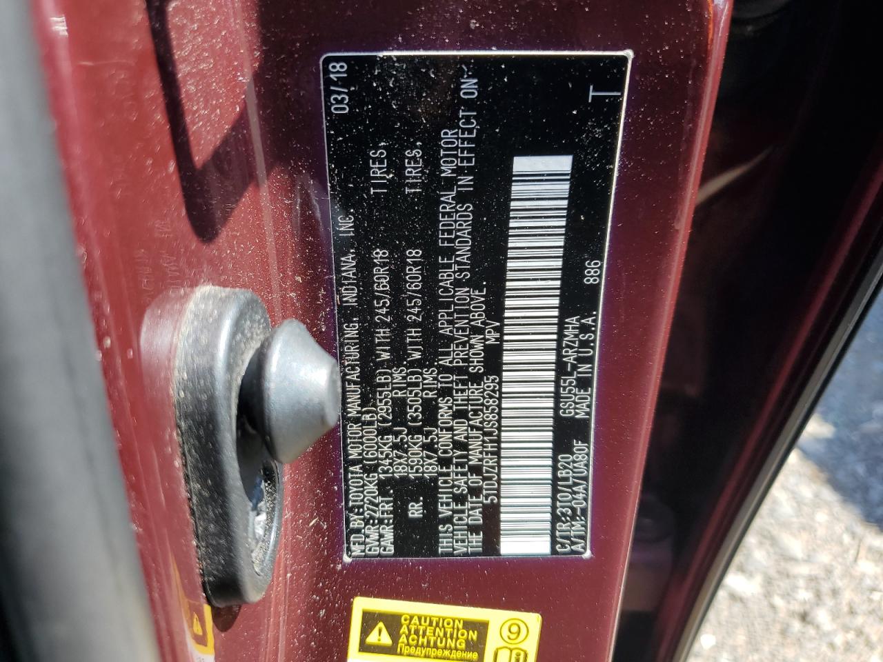 5TDJZRFH1JS858295 2018 Toyota Highlander Se