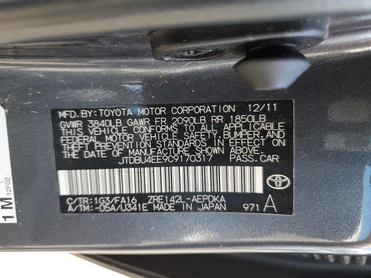 2012 Toyota Corolla Base vin: JTDBU4EE9C9170317