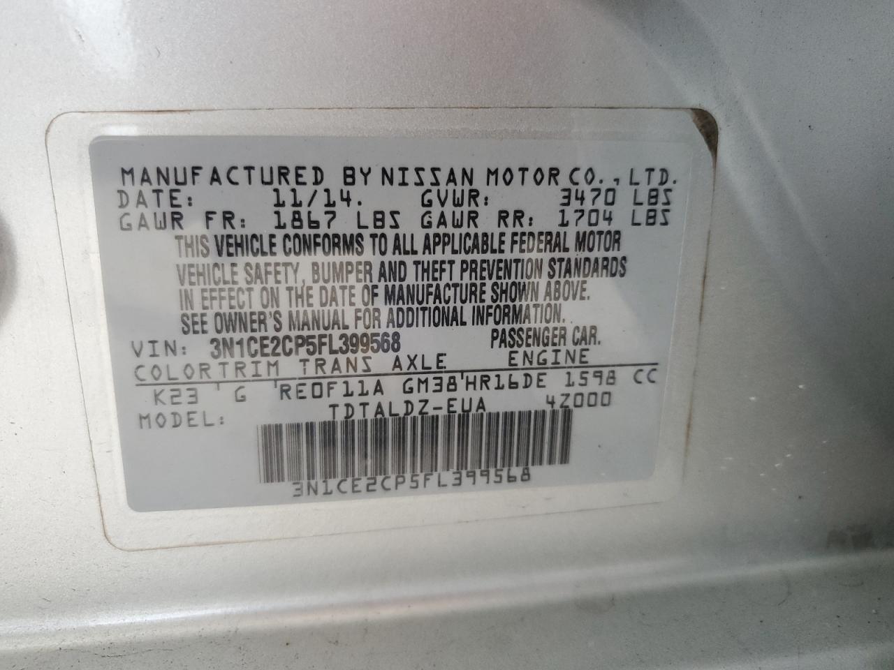 3N1CE2CP5FL399568 2015 Nissan Versa Note S