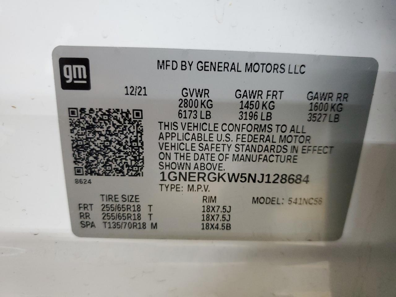 1GNERGKW5NJ128684 2022 Chevrolet Traverse Lt