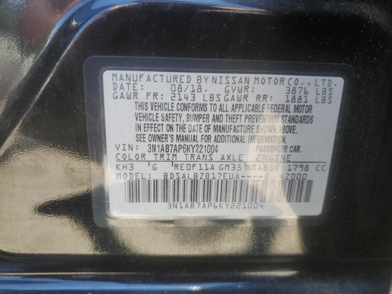 2019 Nissan Sentra S vin: 3N1AB7AP6KY221004