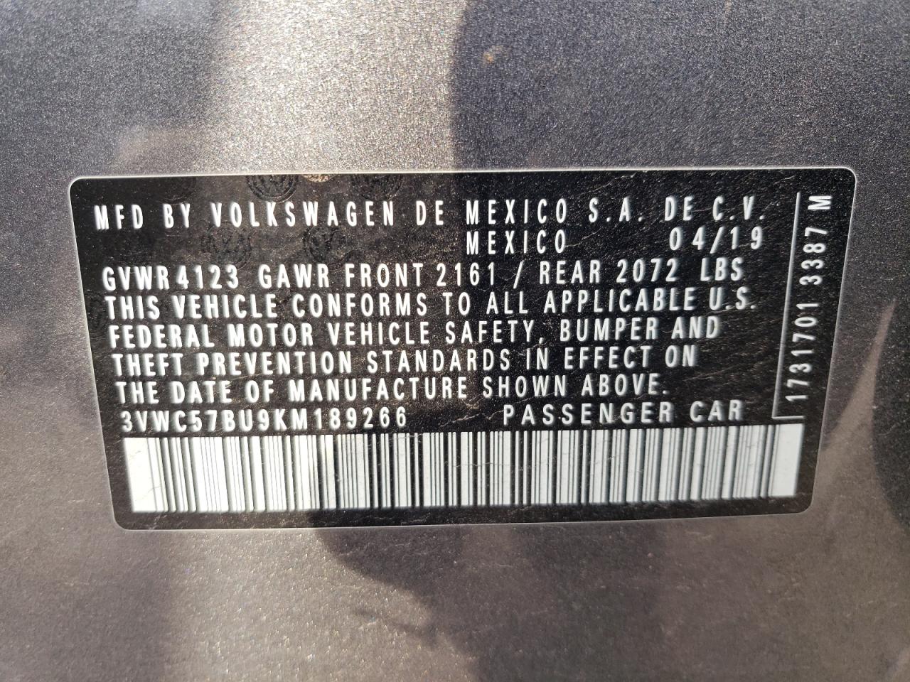 3VWC57BU9KM189266 2019 Volkswagen Jetta S