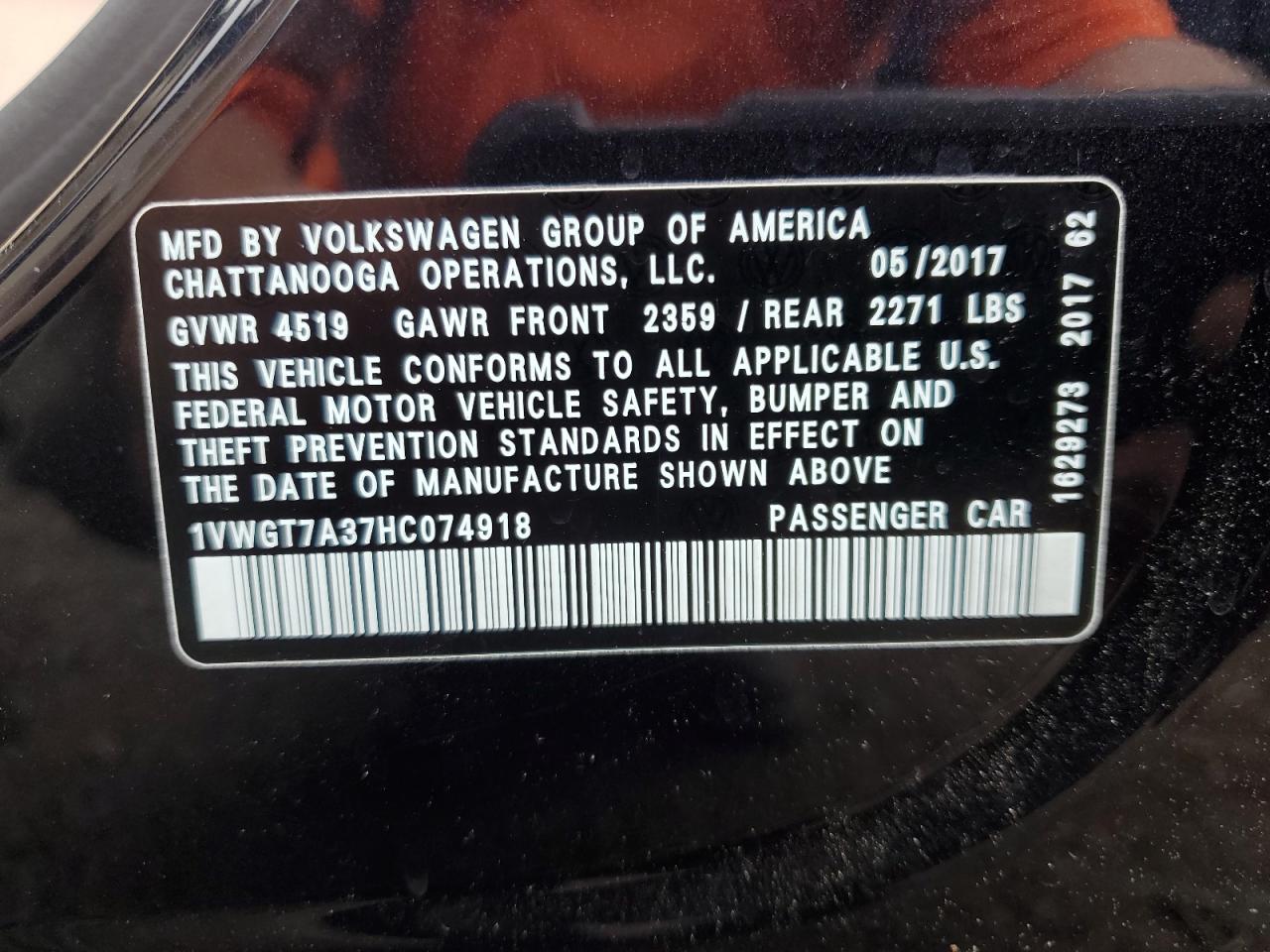 1VWGT7A37HC074918 2017 Volkswagen Passat Se