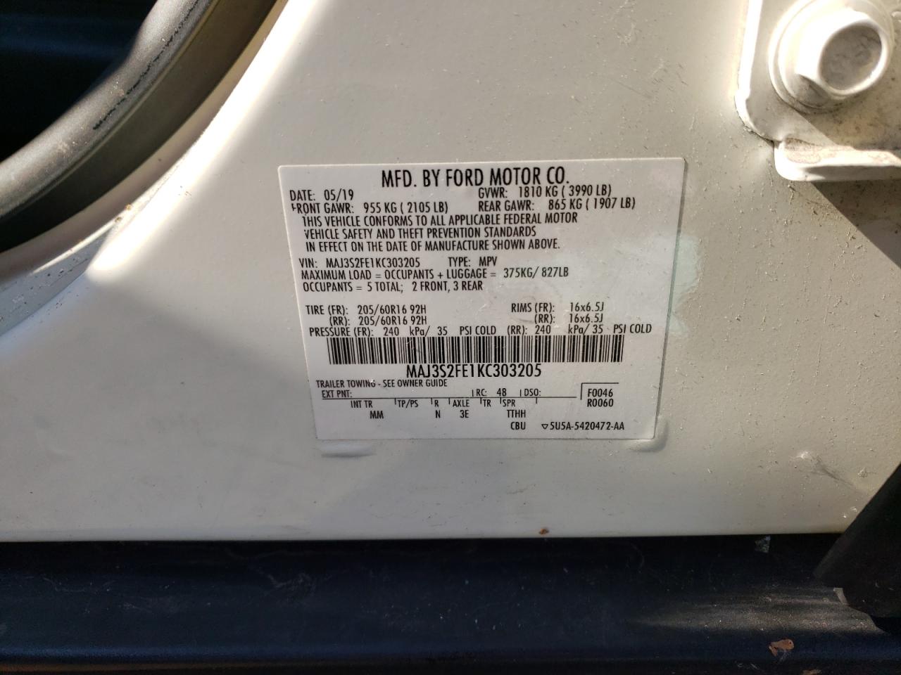 MAJ3S2FE1KC303205 2019 Ford Ecosport S