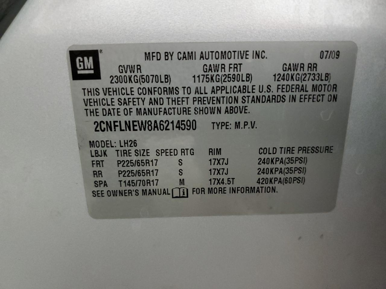 2CNFLNEW8A6214590 2010 Chevrolet Equinox Lt