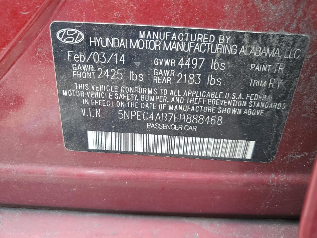 5NPEC4AB7EH888468 2014 Hyundai Sonata Se