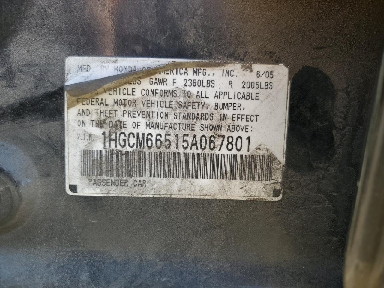 1HGCM66515A067801 2005 Honda Accord Ex