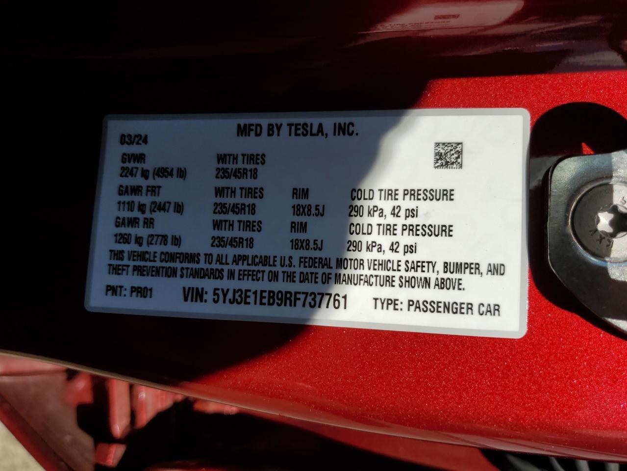 5YJ3E1EB9RF737761 2024 Tesla Model 3